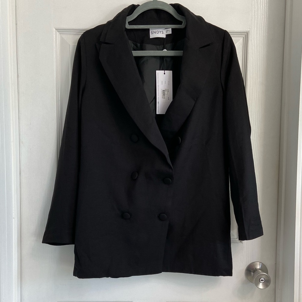 SNDYS Hills Double Breasted Button Blazer Size 2 Black New With Tag Modern